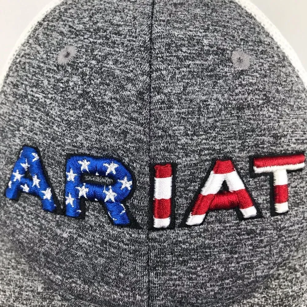 Ariat Gray White Patriotic Americana Flag Stars and Stripes Patch Trucker Cap